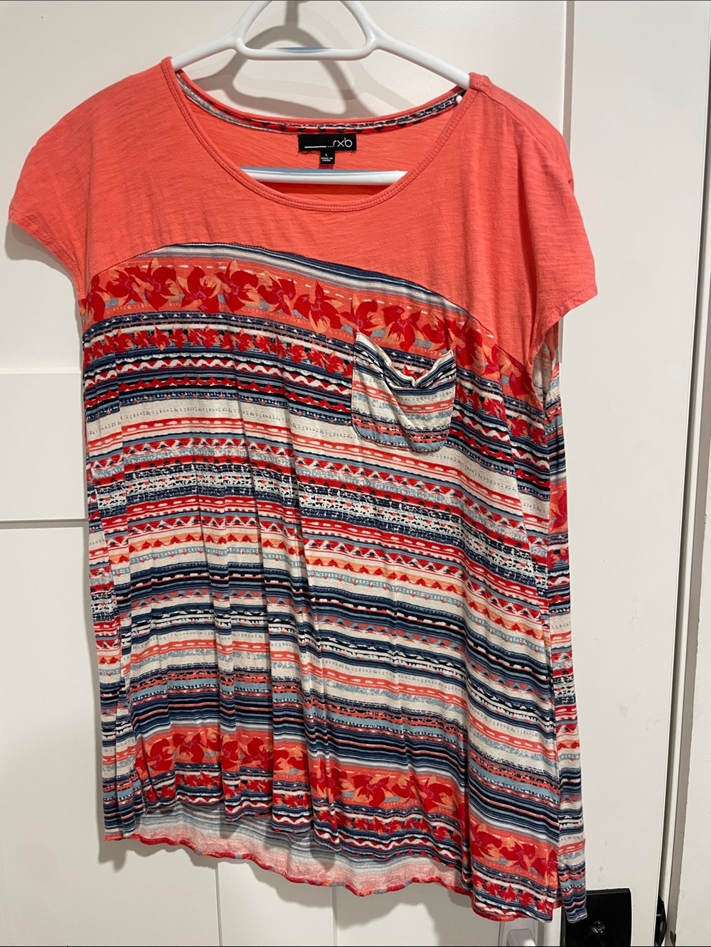 rue21 Coral & Navy Striped Scoop Neck Pocket Tee